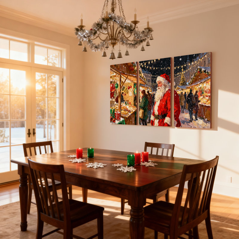 Marché de Noël de Noël, ensemble de 3 impressions sur toile, lumières du soir du père Noël, H 30 po x l 60 po