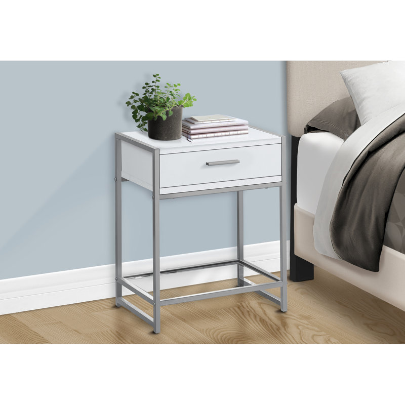 Table d'appoint compacte avec base en métal gris, plateau en stratifié blanc et tiroir décoratif