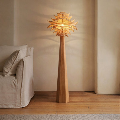 Beige + rotin brun + lampes sur pied de forme libre en bois massif
