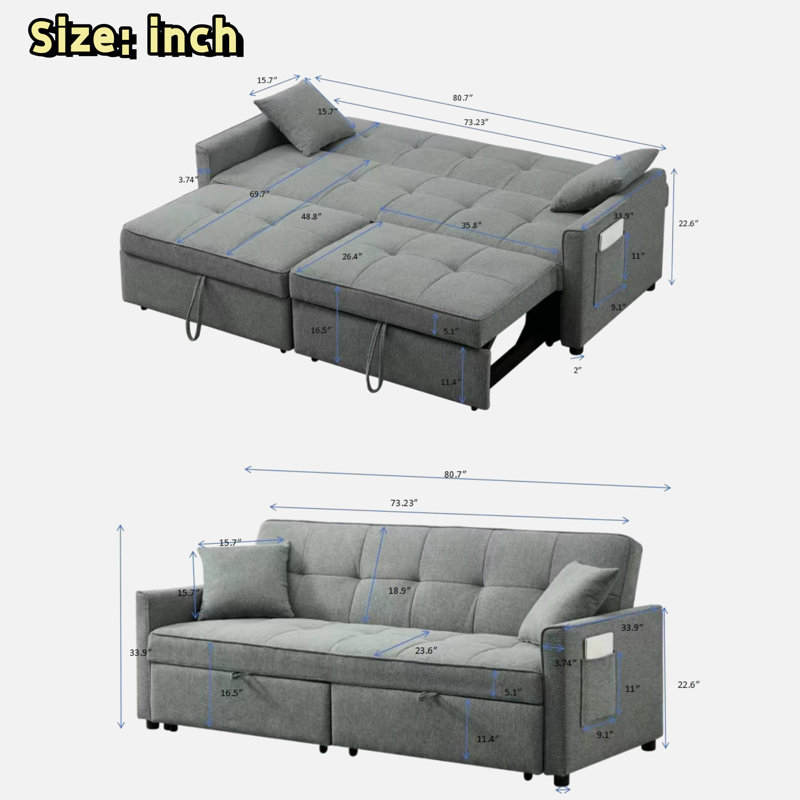 3 In 1 Convertible Sleeper Sofa Bed With Reclining Backrest, Pillows And Side Pockets, Gray
