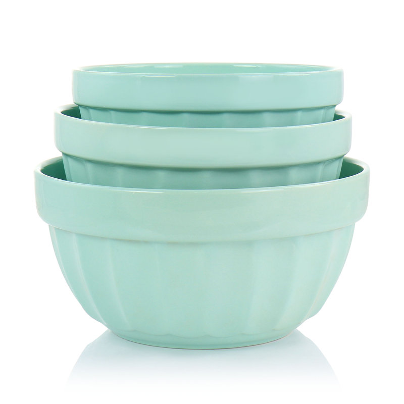 Martha Stewart Broadbrook 3 Piece Stoneware Mixing Bowl Set in Linen, Mint
