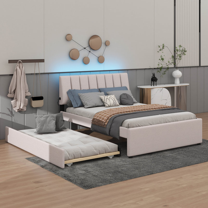 Lit plateforme tapissier Teddy, Beige, Lit double