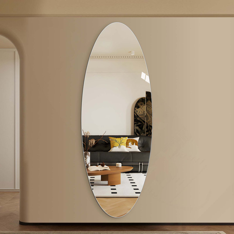 63" X 24" Modern Oval Full Length Wall Mirror, HD Copper-Free Silver Glass, Shatterproof & Moisture-Resistant, Vertical Hanging Or Adhesive Mount, Bedroom & Salon