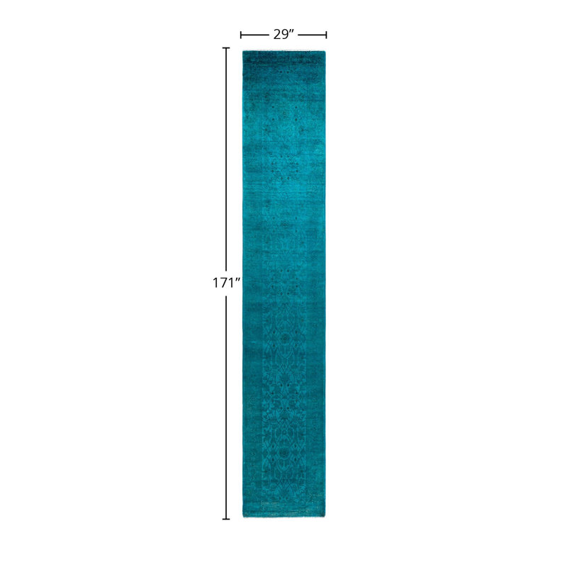 Tapis de couloir bleu / bleu sarcelle Overyed One-of-a-Kind 2 pi 5 po x 14 pi 3 po