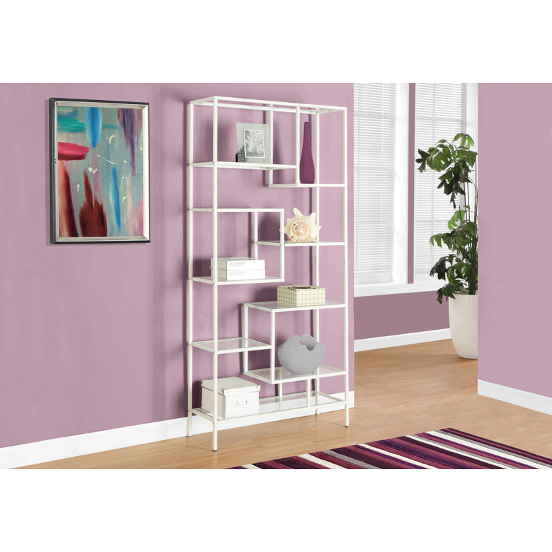Bookshelf Bookcase Etagere 72"H Office Bedroom Metal Tempered Glass, White