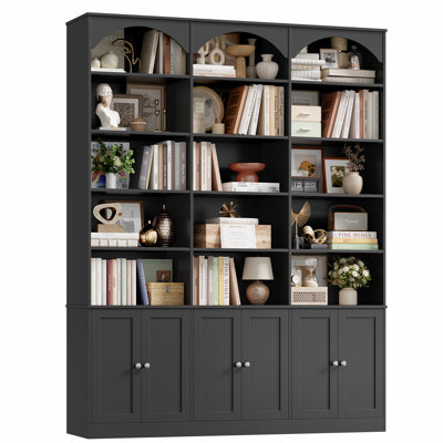 77.8"H x 61.3" W Modern Bookcase, Elegant Arched Display Cabinet with 7-Tier Shelves & 6-Door Storage