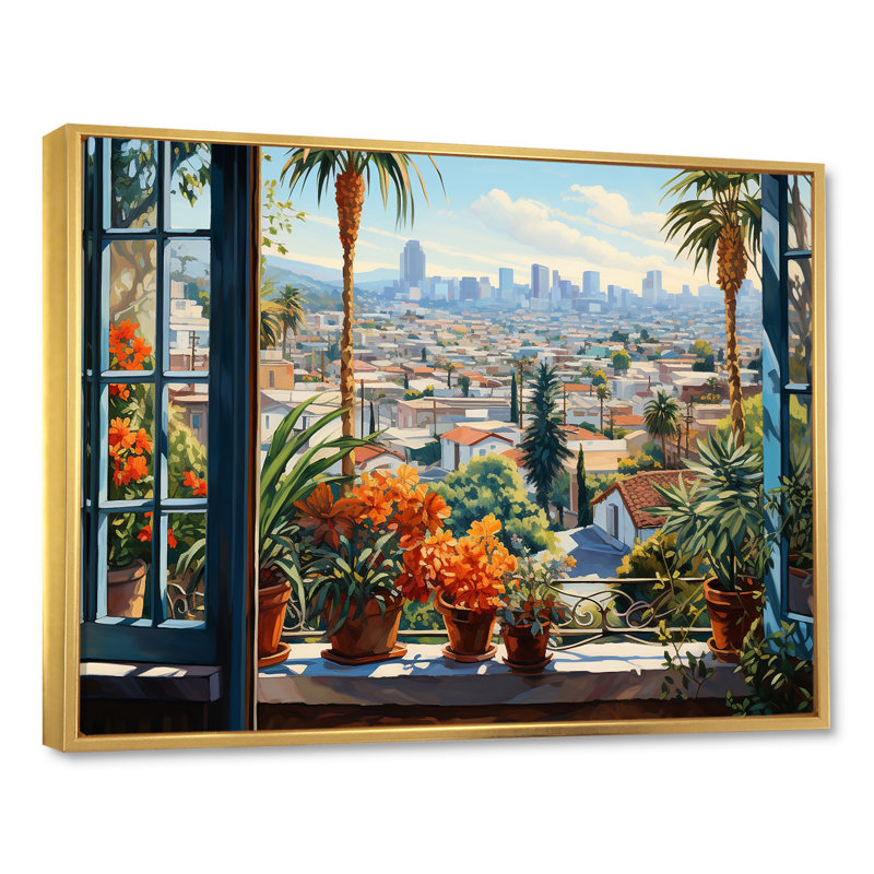 Los Angeles Window View 5 - Los Angeles, art mural, Cadre flottant doré, H 12 po x l 20 po x P 1 po