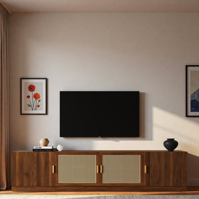Retro Tv Stand With Rattan Doors And Adjustable Shelves