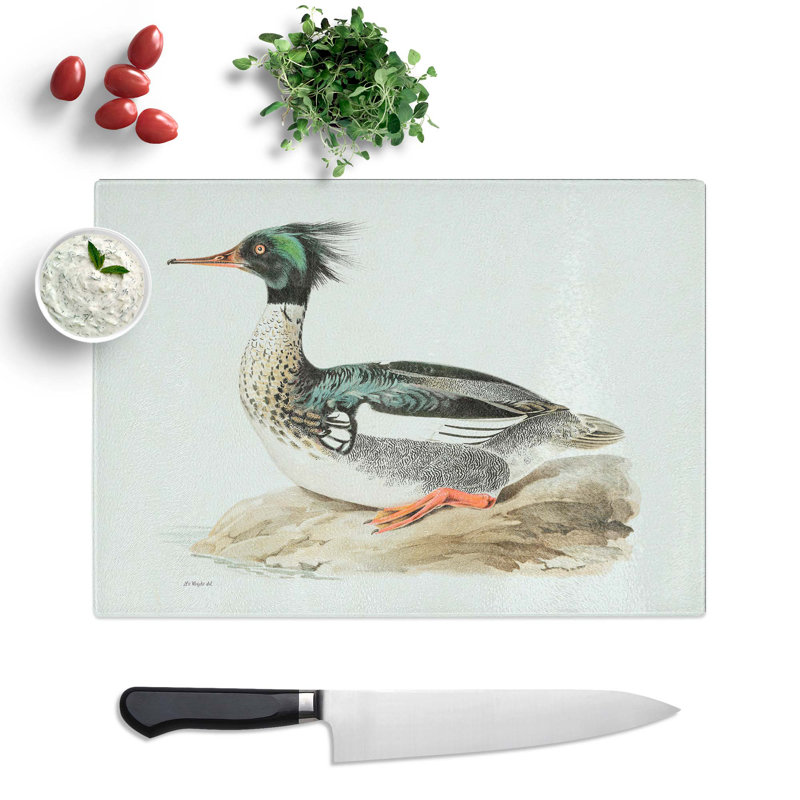 Tempered Glass Merganser Diving Duck by Von Wright Chopping Board, 28.5 cm x 20 cm