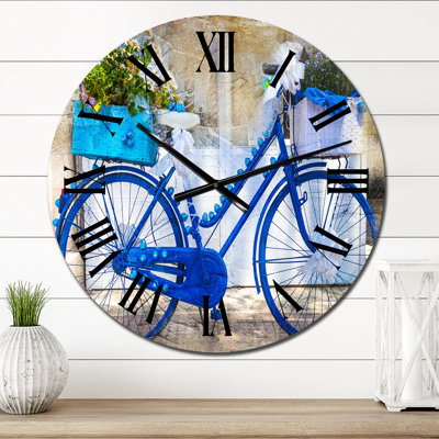 Vintage Blue Bike With Flowers - Industrial wall clock