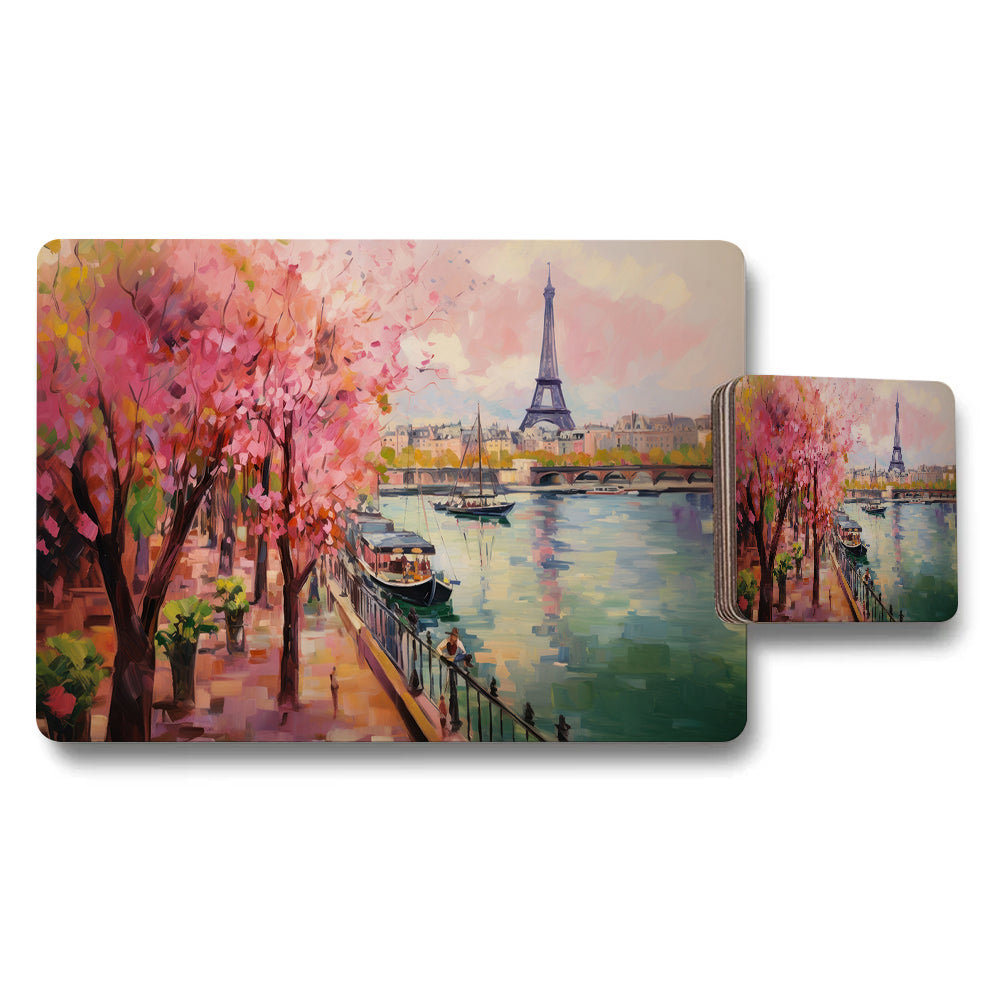 Paris Waterfront Placemat And Coaster Set With Eiffel Tower Scene