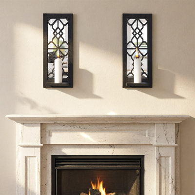 Wood Wall Sconce Candle Holder Set Of 2, Rustic Farmhouse Hanging Wall Decor With Carved Frame And Mirrored Accent