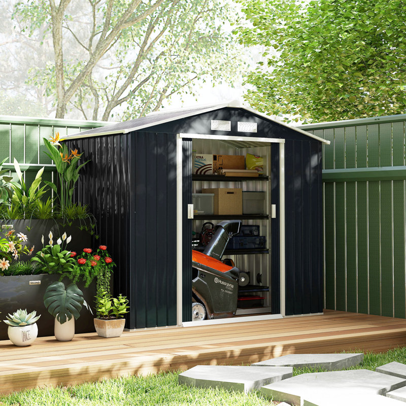 Outsunny 7 x 4ft Metal Garden Shed Waterproof Foundation Kit Dark Grey