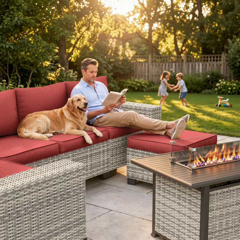 12-Piece Outdoor Modular Sectional Patio Conversation Set With Fire Pit Table, Swivel Rocker Chairs & Ottomans, Red