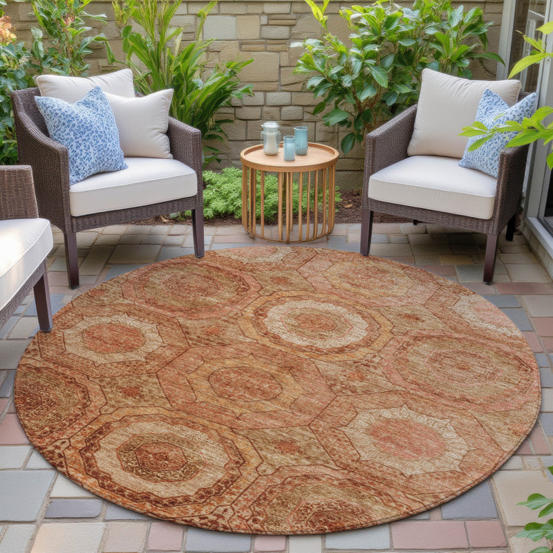 Tapis intérieur / extérieur lavable à la machine en terre cuite Xhevrie, Rond 8 pi