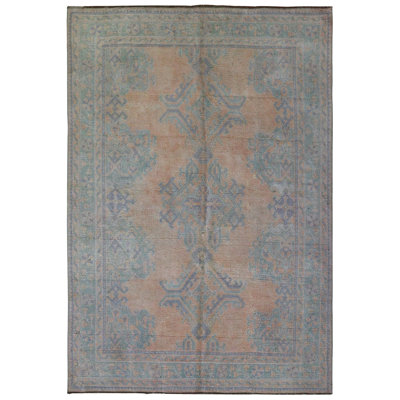 Tapis unique orange / Sherbert / Céladon de 6 pi x 8 pi 4 po des années 1920
