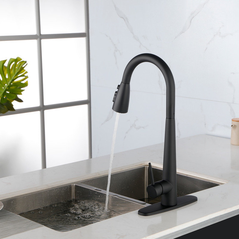 Robinet de cuisine moderne en acier inoxydable avec douchette rétractable et grande arche, Noir mat