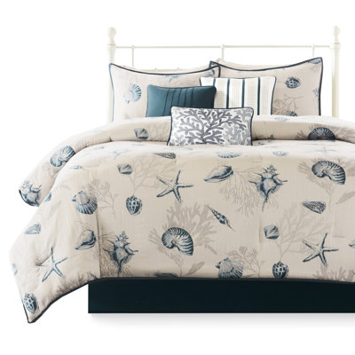 Cotton Comforter Blue - Queen With Assorted Seashells Accentuated And Fill 180tc Cross Weave Pattern Dark Reverse