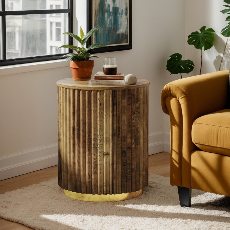 Petite table de bout ronde cannelée en bois, table de chevet d'appoint moderne pour le salon et la chambre à coucher
