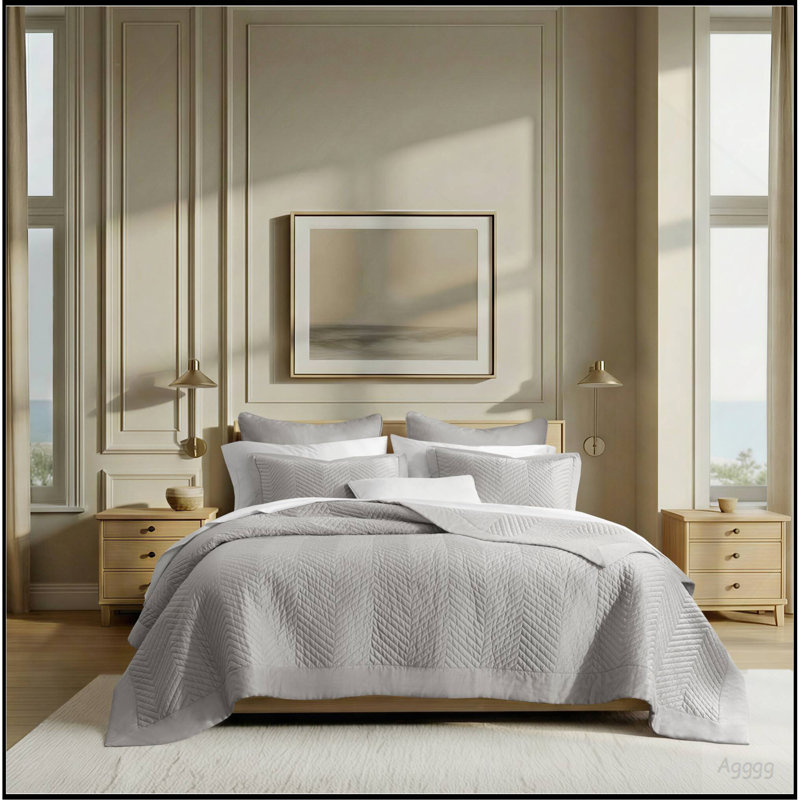 King 3 Piece Cotton Quilt Set Light Gray