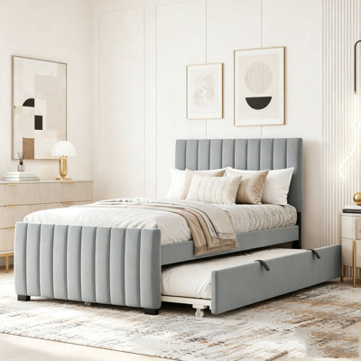 Lit plateforme tapissier en velours avec lit gigogne simple