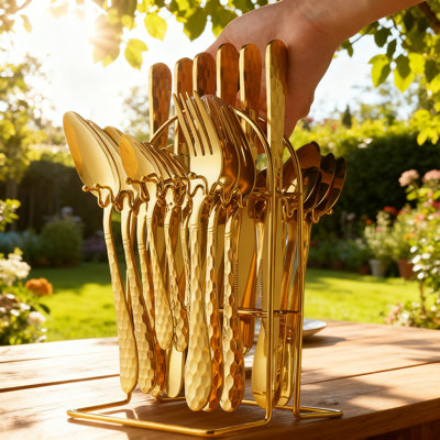 24-Piece Stainless Steel Flatware Set Service For 6 With Hanging Holder, Mirror Polished Golden Silverware Cutlery Set With Forks Spoons Knives, Dishwasher Safe Kitchen Tableware