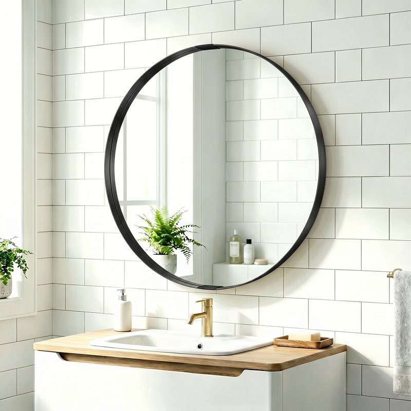 HOMCOM Round Wall Mirror Wall Mounted Bathroom Mirror, Black