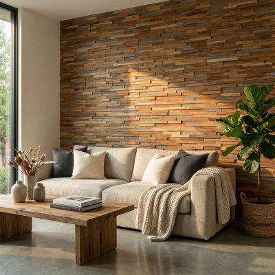 Bare Decor EZ-Wall Mosaic 3D Pattern Tile with Gray Lava Stone in Solid Teak Wood, Set of 10