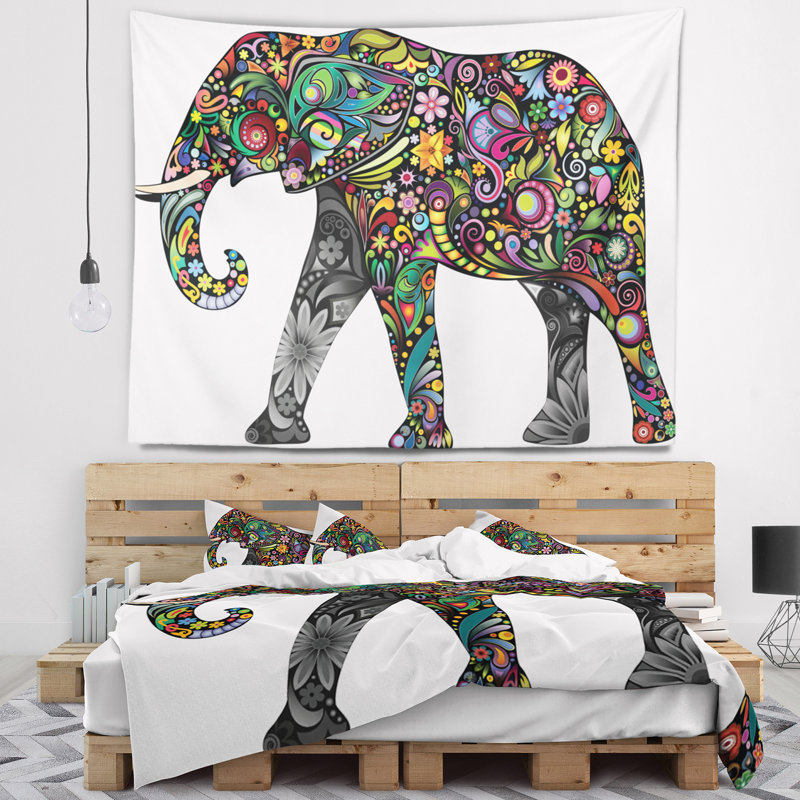Tapisserie éléphant joyeuse animal floral, H 32 po x l 39 po