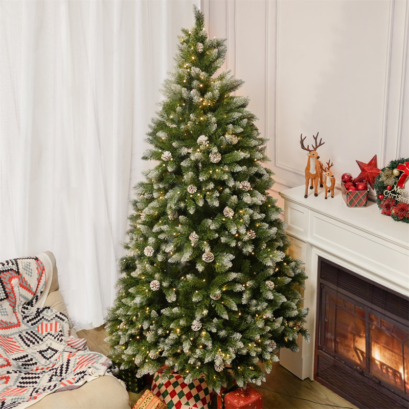 White Sprayed Christmas Tree With Pinecones, 6FT, Pre-Lit