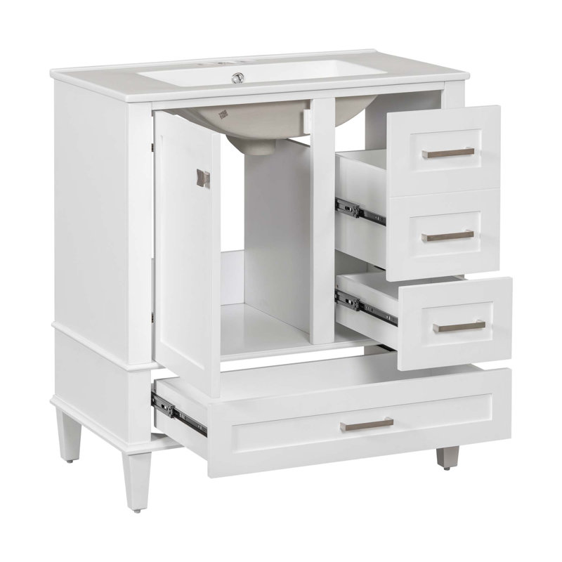 Meuble-lavabo moderne avec lavabo, 1 porte à fermeture douce et 3 tiroirs, Blanc, Nickel brossé