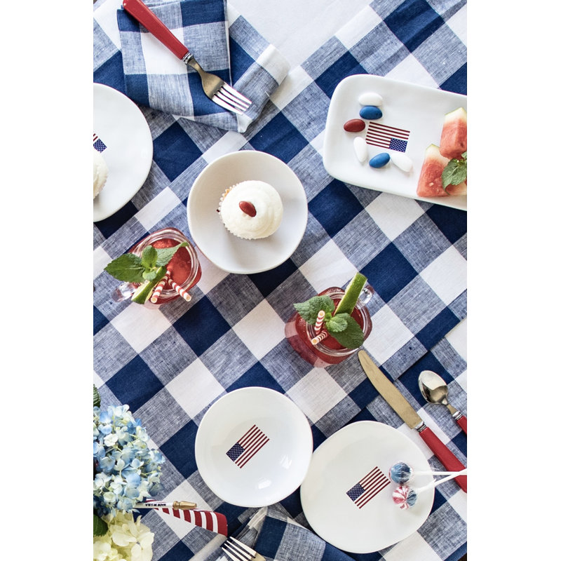 Buffalo Check - 100% Pure Linen Tablecloth, Navy/White, 90" x 60"