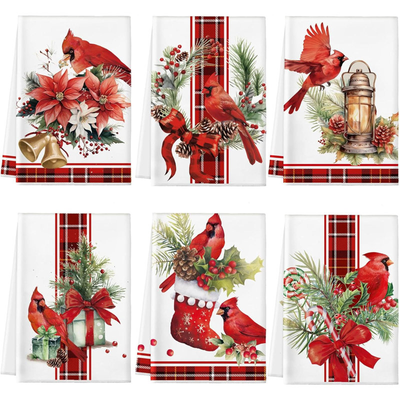 6 Pcs Christmas Kitchen Towels Cardinal Bird Christmas Hand Towels Xmas Bird Bell Holly Berry Branch Dish Clothes Vintage Xmas Tea Dishclothes For Kitchen Bathroom Hotel Home Decor