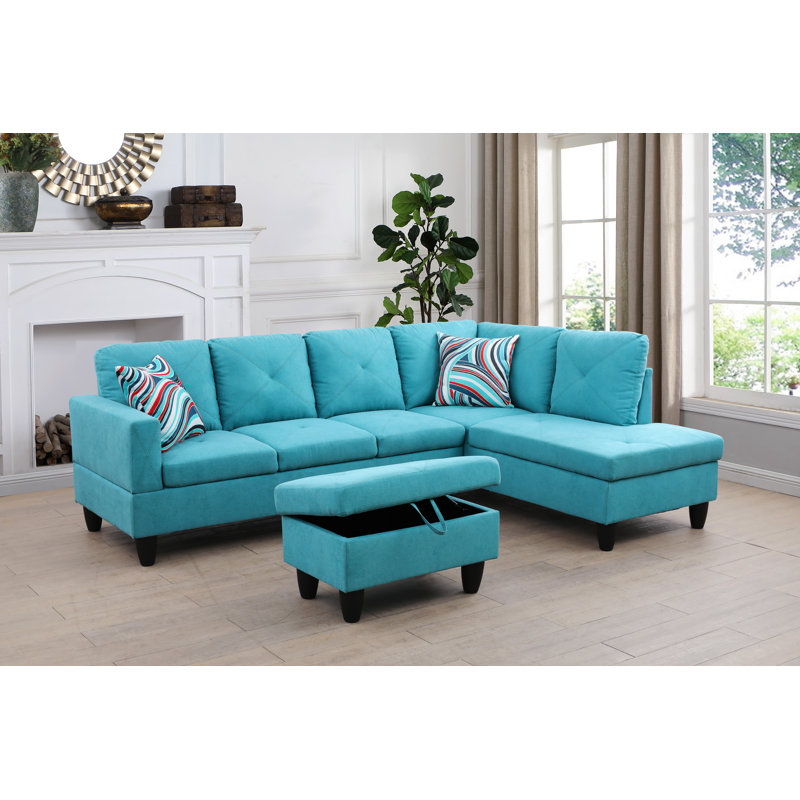 Sky blue Sackcloth Fabric L style Right Hand Facing Living Room Sofa Set, with ottoman, Blue Microfiber, Right Hand Facing