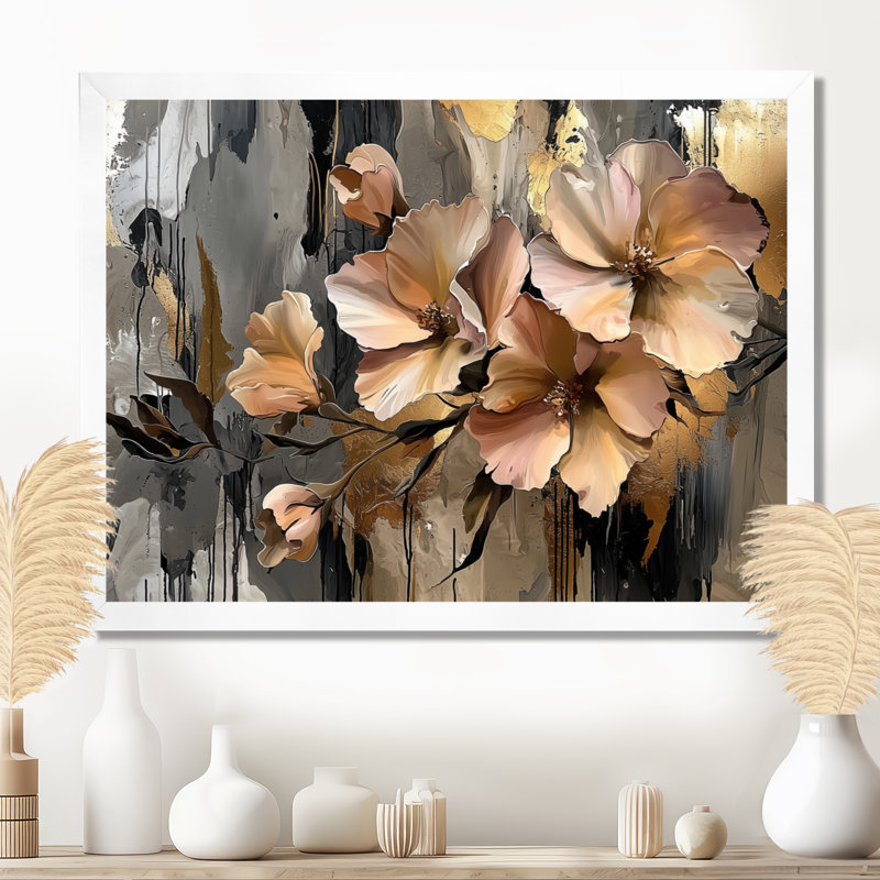 Gloden Symphony of Abstract Fuschia Flowers I - Fuschia Large, art mural, H 30 po x l 40 po, Avec cadre, Blanc