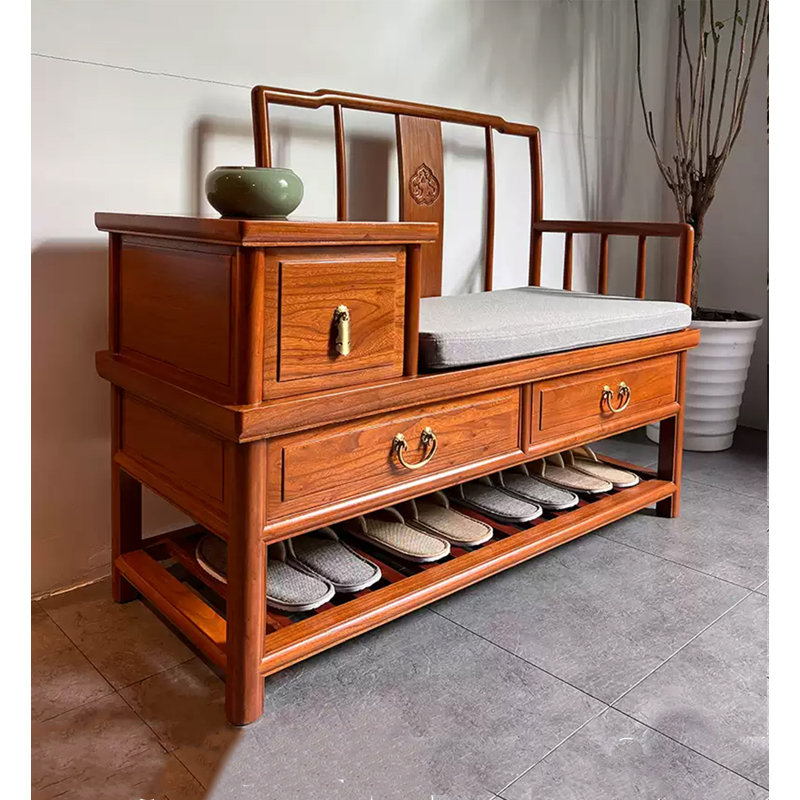 Banc de rangement pour chaussures néo-chinois en bois massif avec coussin