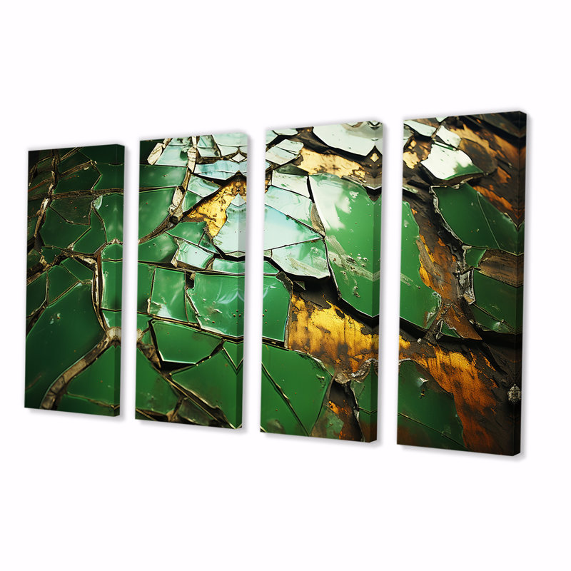 Carreaux de mosaïque en marbre vert et or I - tuile abstraite, art mural 4 pièces, H 32 po x l 64 po