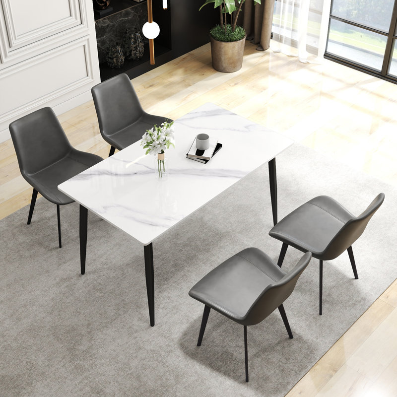 Ensemble de table de salle à manger moderne en pierre frittée 5 pièces avec 4 chaises en similicuir Juvan, Blanc neige