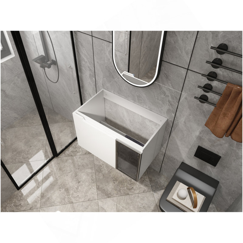 Meuble-lavabo mural 30 po, 2 portes à fermeture douce, meuble-lavabo blanc brillant et 1/2 porte en verre gris, contreplaqué - évier exclu