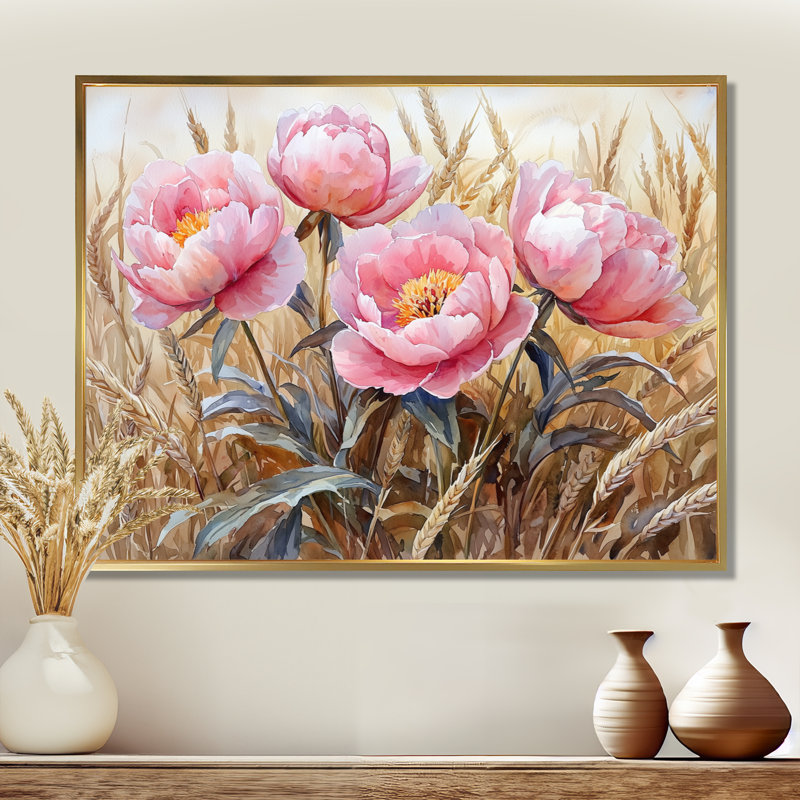 Pivoines dans le champ de blé III - pivoines, art encadré, H 24 po x l 32 po, Doré