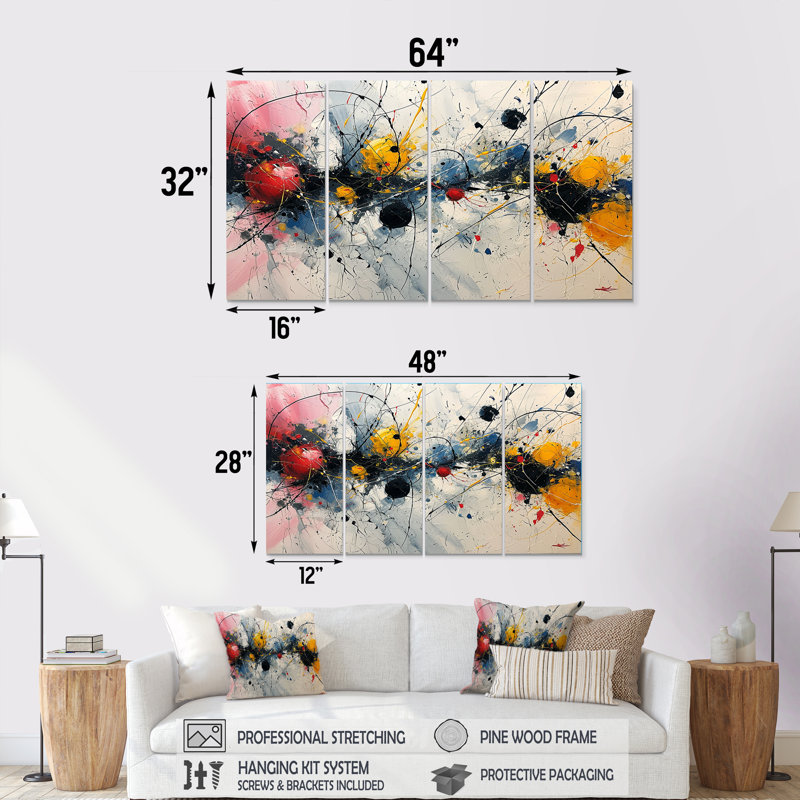 "Abstract Waves Splatter", art mural abstrait sur toile 4 pièces, H 32 po x l 64 po