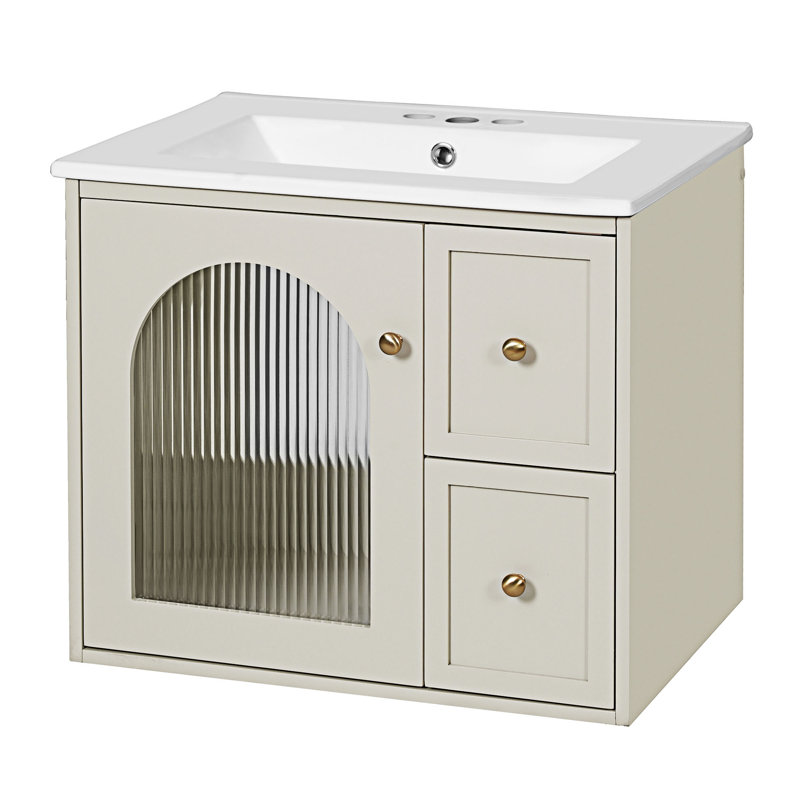 Meuble-lavabo mural avec lavabo en céramique, Beige