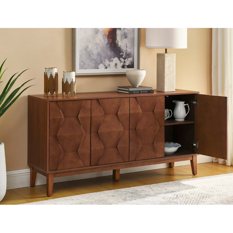 Mid Century Sideboard Buffet Cabinet With Solid Wood Legs, Brown