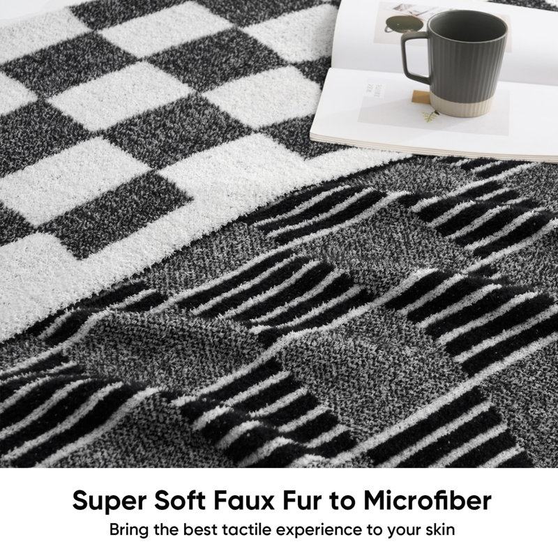 Reversible Checkered Striped Throw Blanket, Fluffy Faux Fur Blend Blankets For Couch Or Bed, 60" L x 50" W, Black