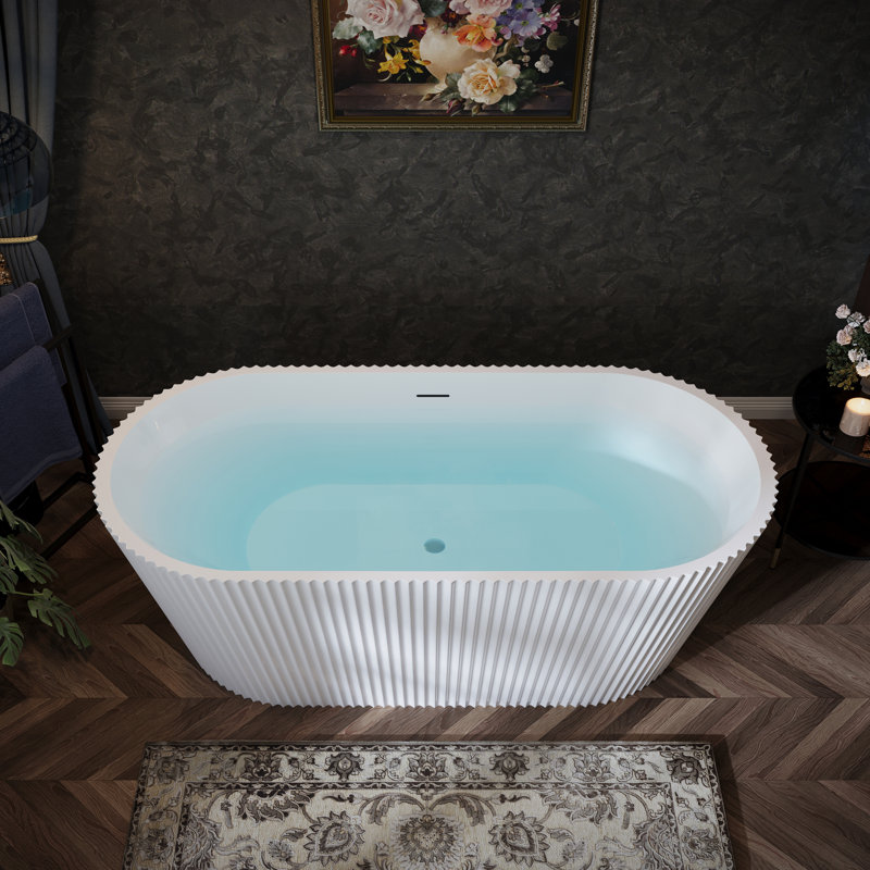 67" Acrylic Freestanding Bathtub, Modern Deep Soaking Tub w/ Overflow & Chrome Pop-Up Drain, Fluted Oval Shape Stand Alone Soaker Tub for Bathroom Remodel Projects, Glossy White