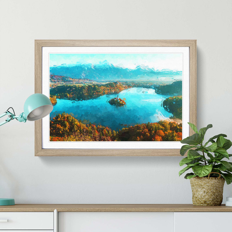 Lake Bled in Slovenia in Abstract - Picture Frame Graphic Art Print on MDF, 40cm H x 60cm W x 2cm D, Oak