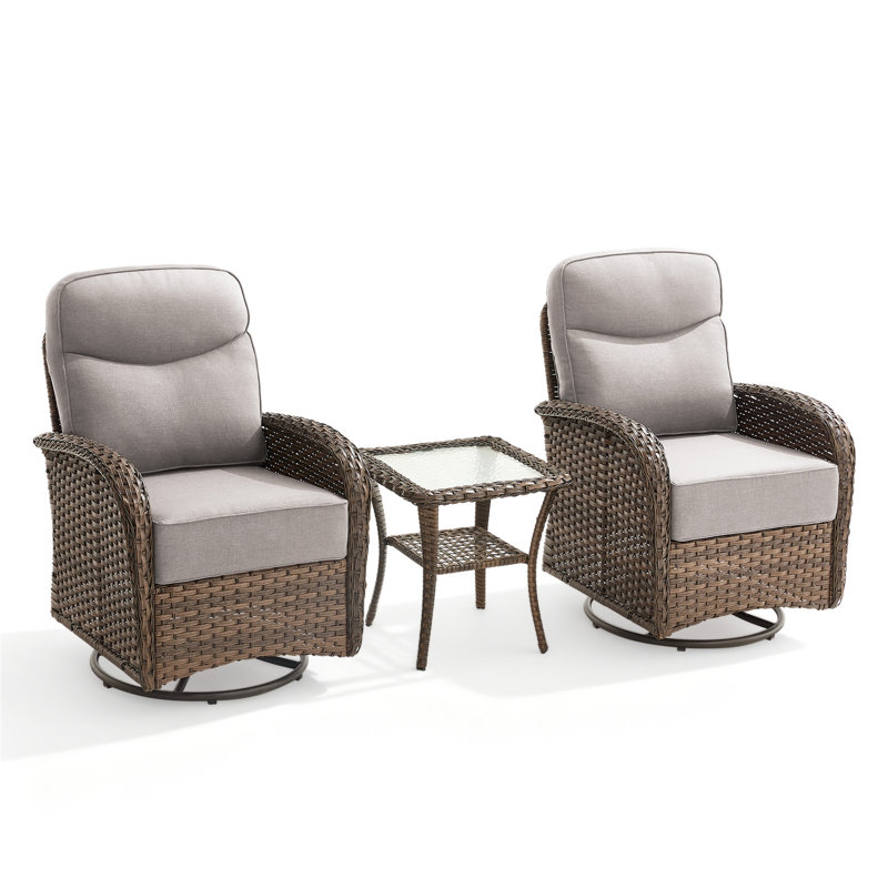 Himonia 2-Person Wicker Outdoor Seating Group With Swivel Glider, 6" Thick Cushions And Side Table, Beige, Brown