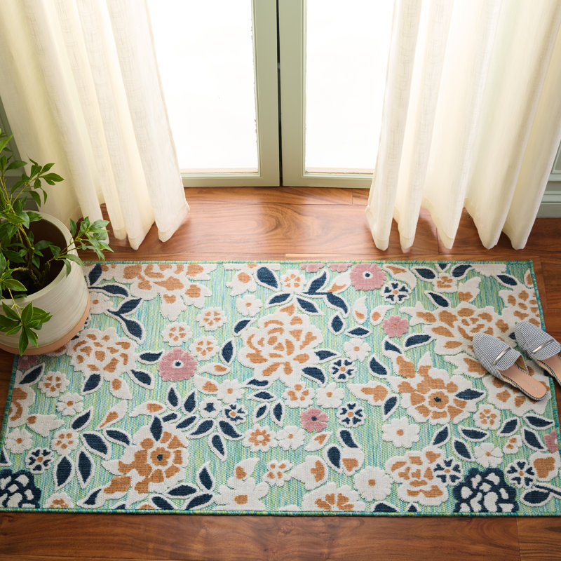 Savoy Floral Green/Navy/Pink Indoor / Outdoor Area Indoor/Outdoor Area Rug, Rectangle 2'7" x 5'