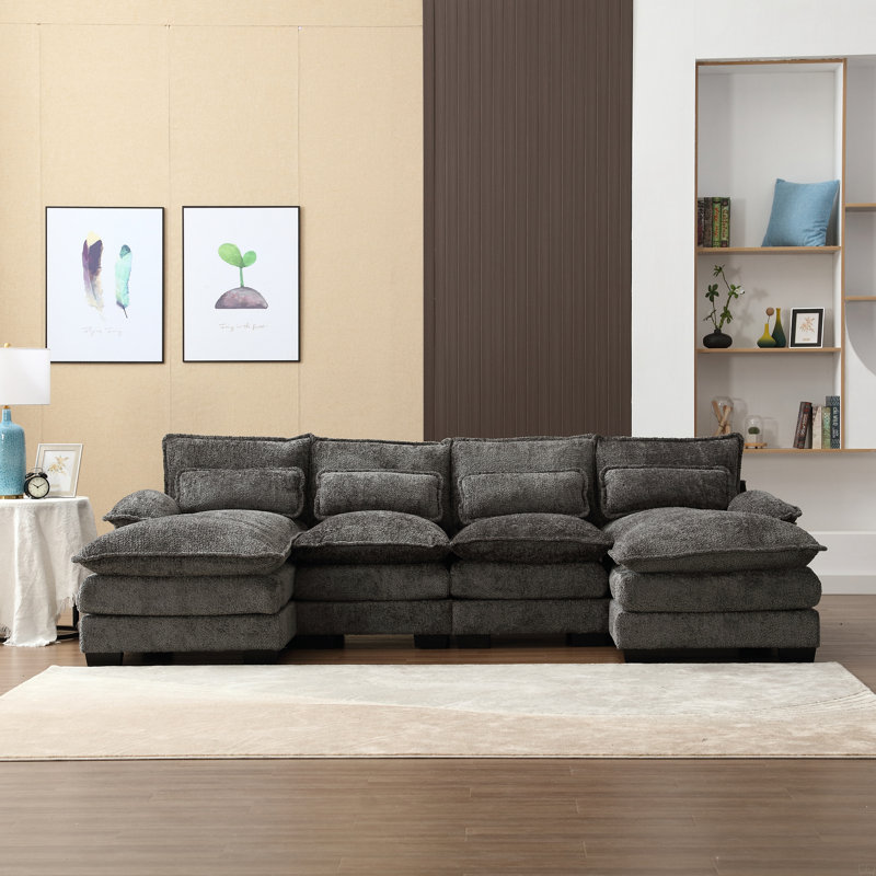 Grand canapé modulaire en U en chenille, Boucle gris