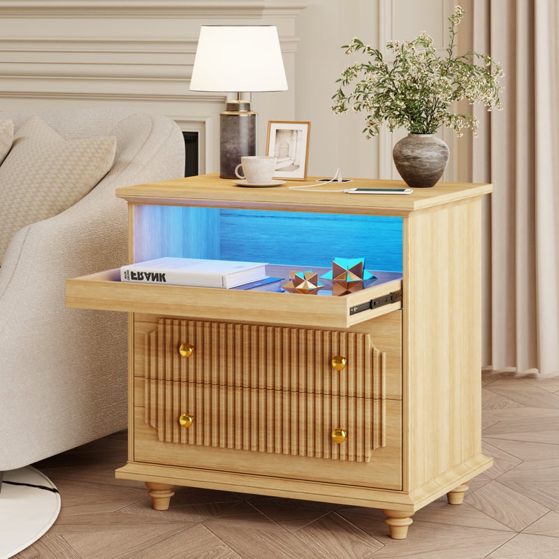 Table de chevet 2 tiroirs avec lumière, Bois